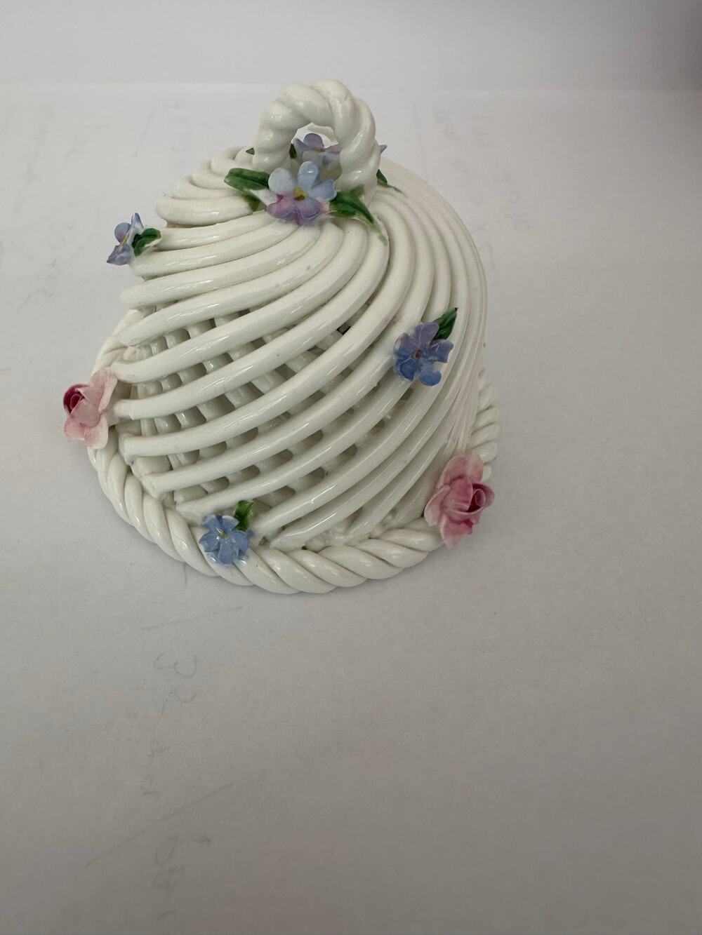 Crown Staffordshire White Lattice Porcelain Mini Bell Applied flowers Vtg China